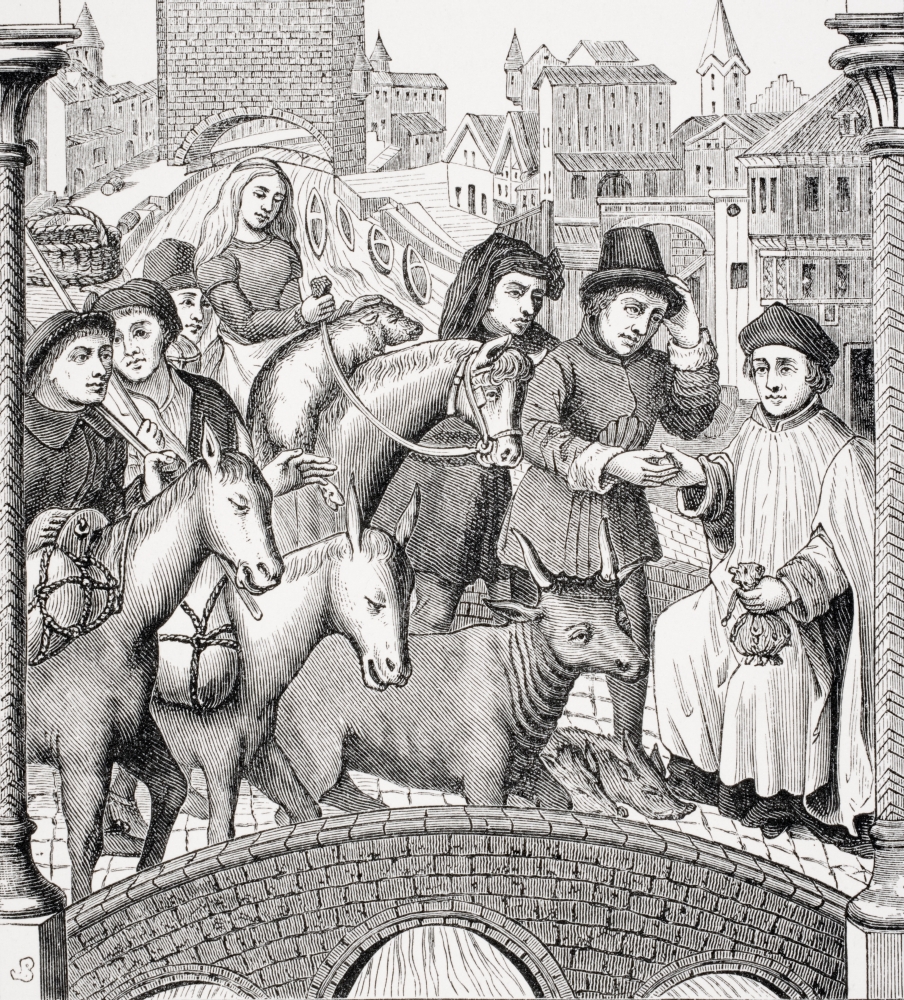 DPI1857984 Paying Toll On Passing A Bridge From 15th Century Painted Window in Tournay Cathedral Poster Print, 13 x 15