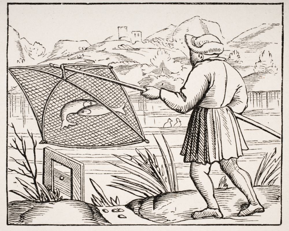 The Pond Fisherman 19th Century Copy of Woodcut in Cosmographie Universelle Dated 1549 Poster Print - 17 x 13
