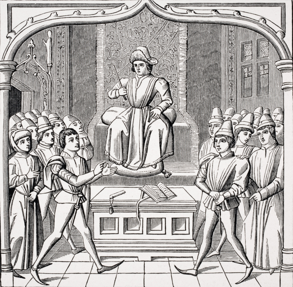 The Judicial Duel The Plaintiff Opening His Case Before The Judge Copy of Miniature In 15th Century Manuscript Ceremon Poster Print, Large - 24 x 24