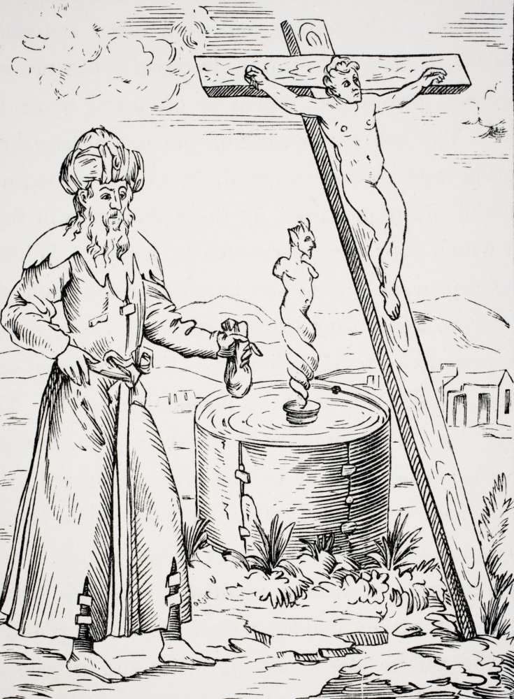 Legend of The Jew Calling The Devil From A Vessel of Blood. Facsimile of A Woodcut In Boaistuaus Histoires Prodigieuses Poster Print, 12 x 17