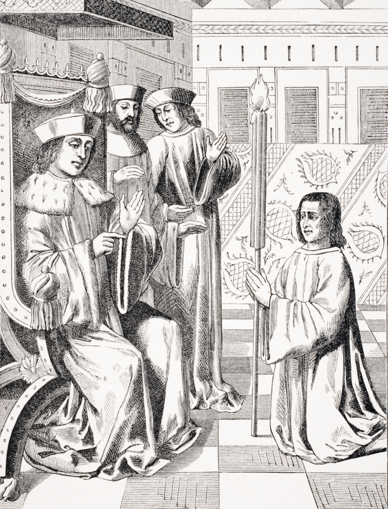 DPI1857990 Amende Honorable of Jacques Coeur Before Charles VII Copy of 15th Century Miniature In The Chroniques of Monstrelet Poster Print, 13 x 17
