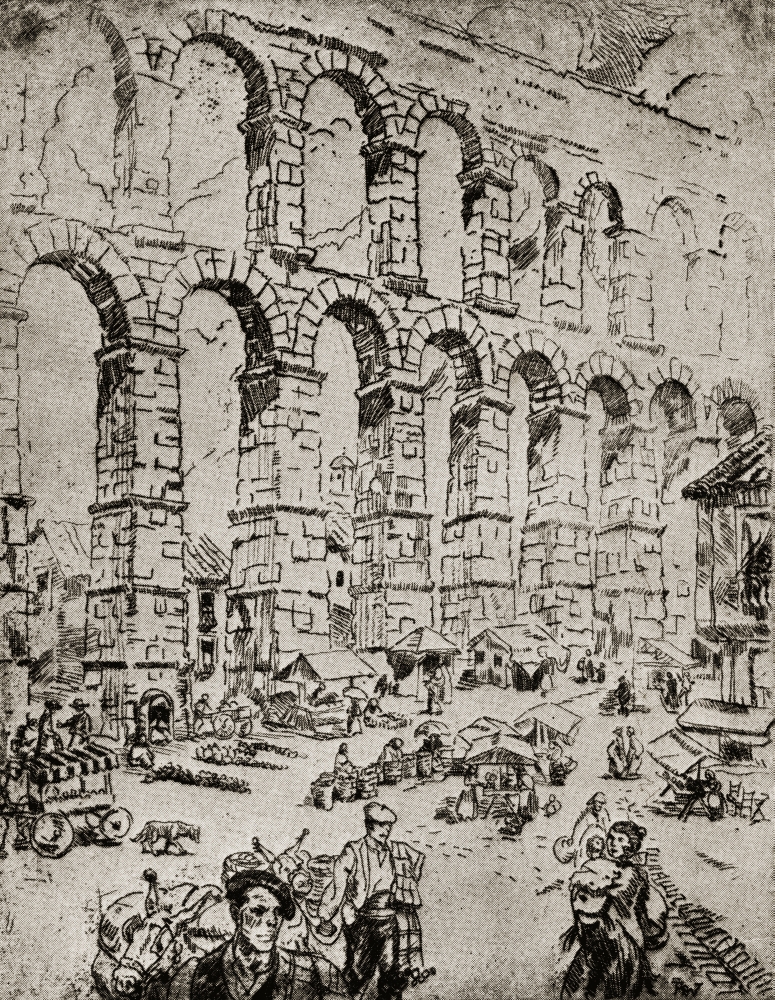 Aqueduct At Segovia. Segovia Spain. Etching by Ada C.Williamson From The Book Tawny Spain Published 1927 Poster Print, Large - 26 x 34