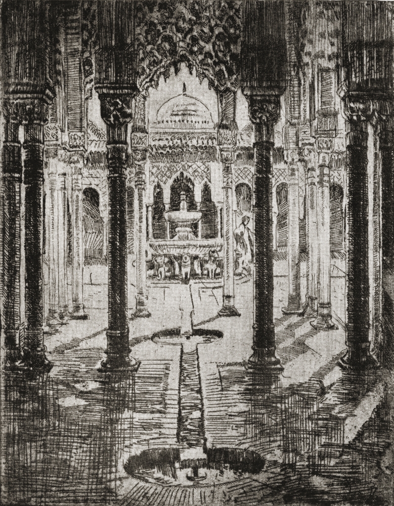 Court of Lions Alhambra Palace Granada Spain Etching by Ada CWilliamson From The Book Tawny Spain Published 1927 Poster Print - 13 x 17