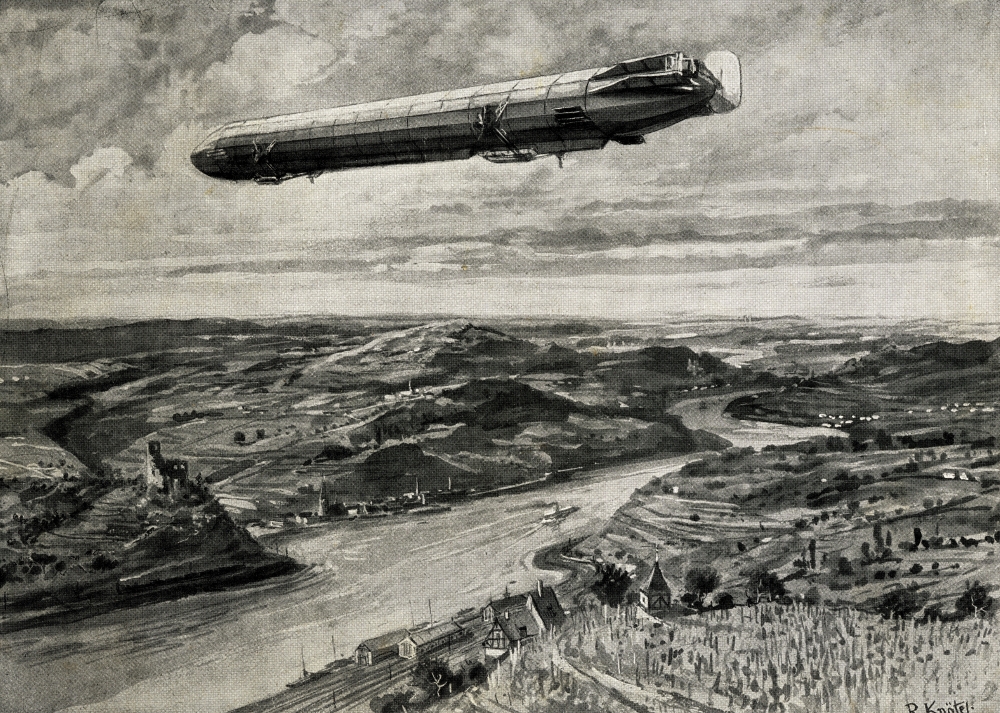 Picture of Posterazzi DPI1858393 Zeppelin Airship in Flight Over The Rhine Circa.1900 From A Print by R. Kntel Poster Print&#44; 18 x 12