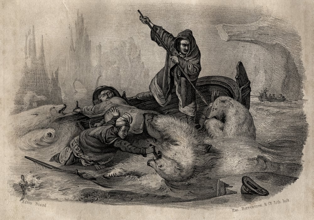 DPI1858451LARGE Polar Bear Hunting 19th Century Lithograph After Biard by Em. Baerentzen Poster Print, Large - 36 x 24