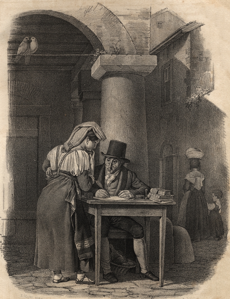 DPI1858454LARGE Public Scribe Working In Market Place 19th Century Lithograph by Em. Baerentzen Poster Print, Large - 26 x 34