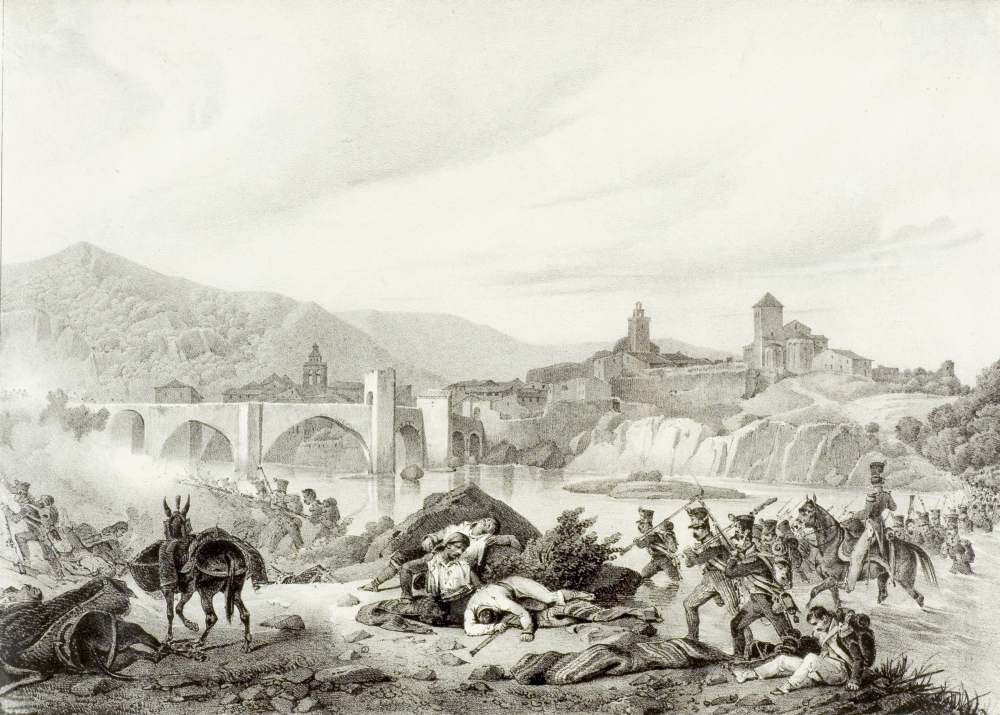 French Troops Attack Bezalu Girona Spain During The Napoleonic Wars In 1808 19th Century Lithograph by Engelmann After 3 Poster Print, Large - 34 x 24