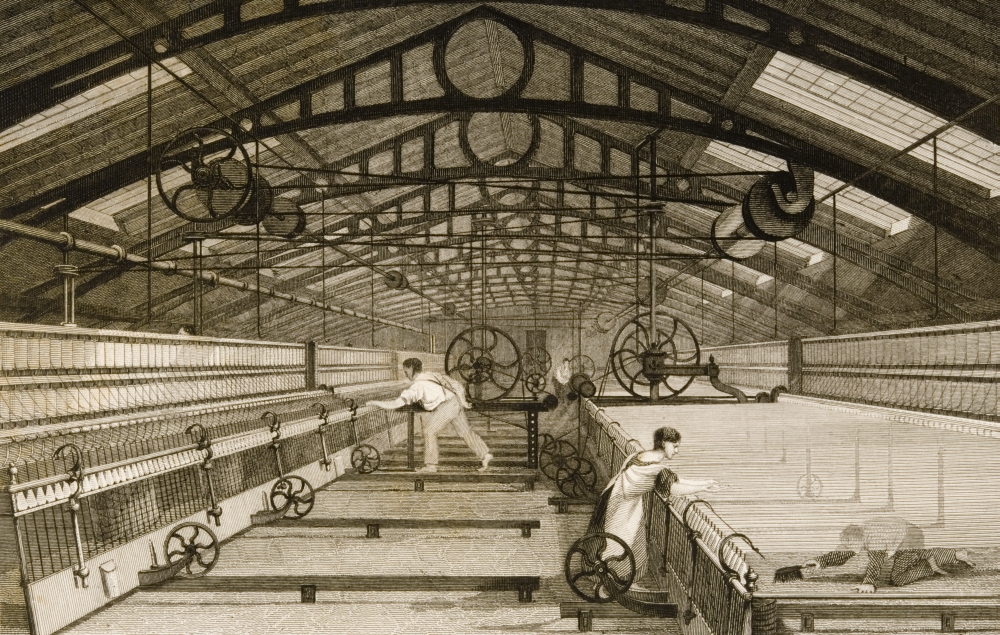 Cotton Factory Floor In 1830S Showing Workers Mule Spinning