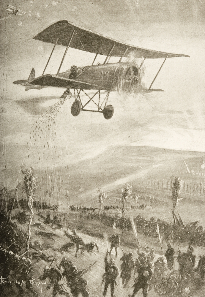 Picture of Posterazzi DPI1859814 First World War Terror Weapon. Biplane Dropping Steel Arrows Onto Troops Drawn by John De G. Bryan Print&#44; 11 x 17