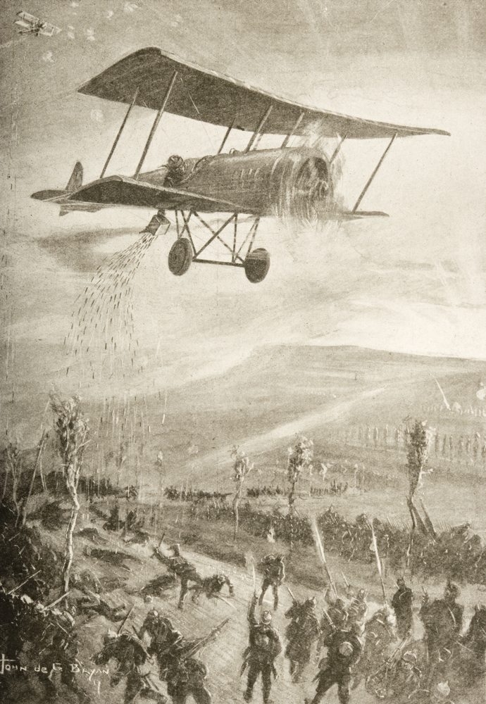 First World War Terror Weapon. Biplane Dropping Steel Arrows Onto Troops. Drawn by John De G. Bryan Print, Large - 22 x 34