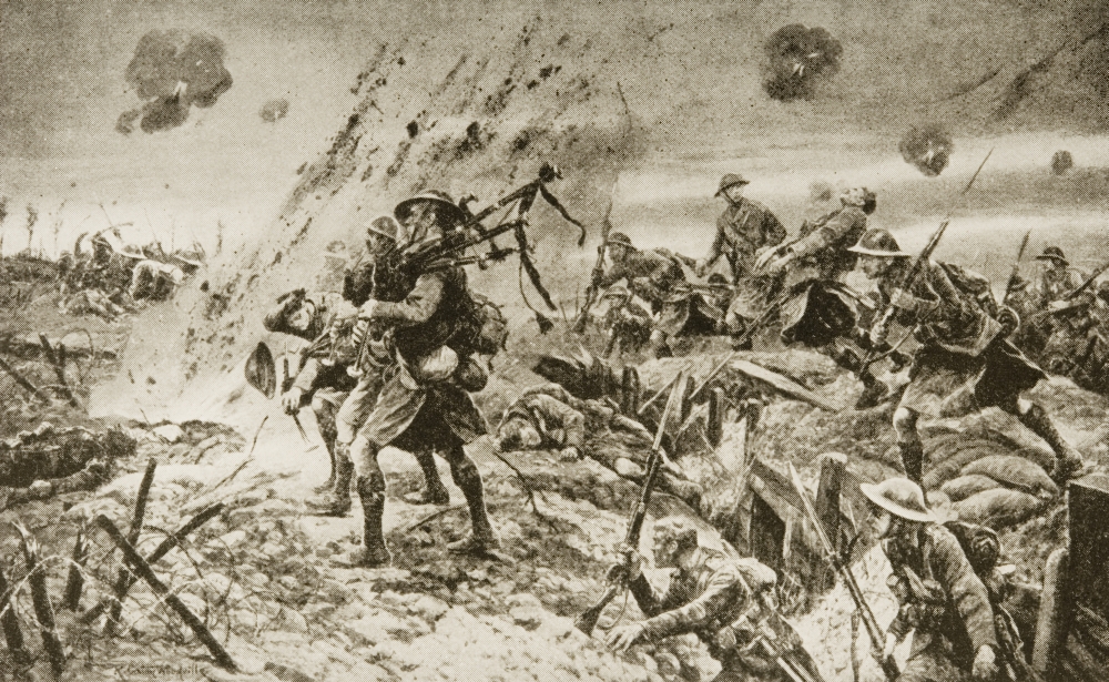 Picture of Posterazzi DPI1859836 The Pipers At Longueval - How The Highlanders Were Led Into Battle On July 14 1916 Drawn by R Caton Woodville Poster Print&#44; 18 x 11