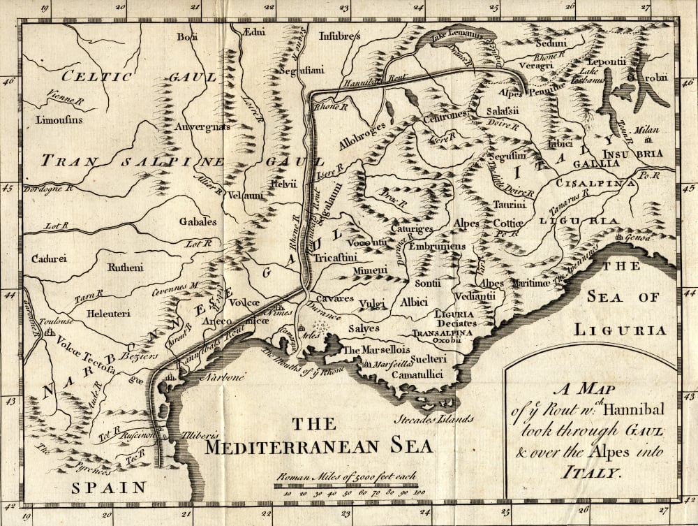 A Map of The Route Hannibal Took Through Gaul & Over The Alps Into Italy Poster Print, 17 x 13