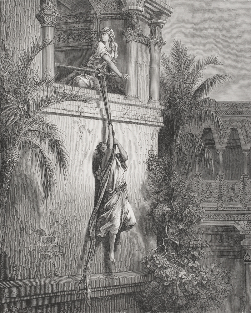 Engraving From The Dore Bible Illustrating 1 Samuel Xix 12 The Escape of David Through The Window by Gustave Dore 1832-1 Poster Print, 13 x 17