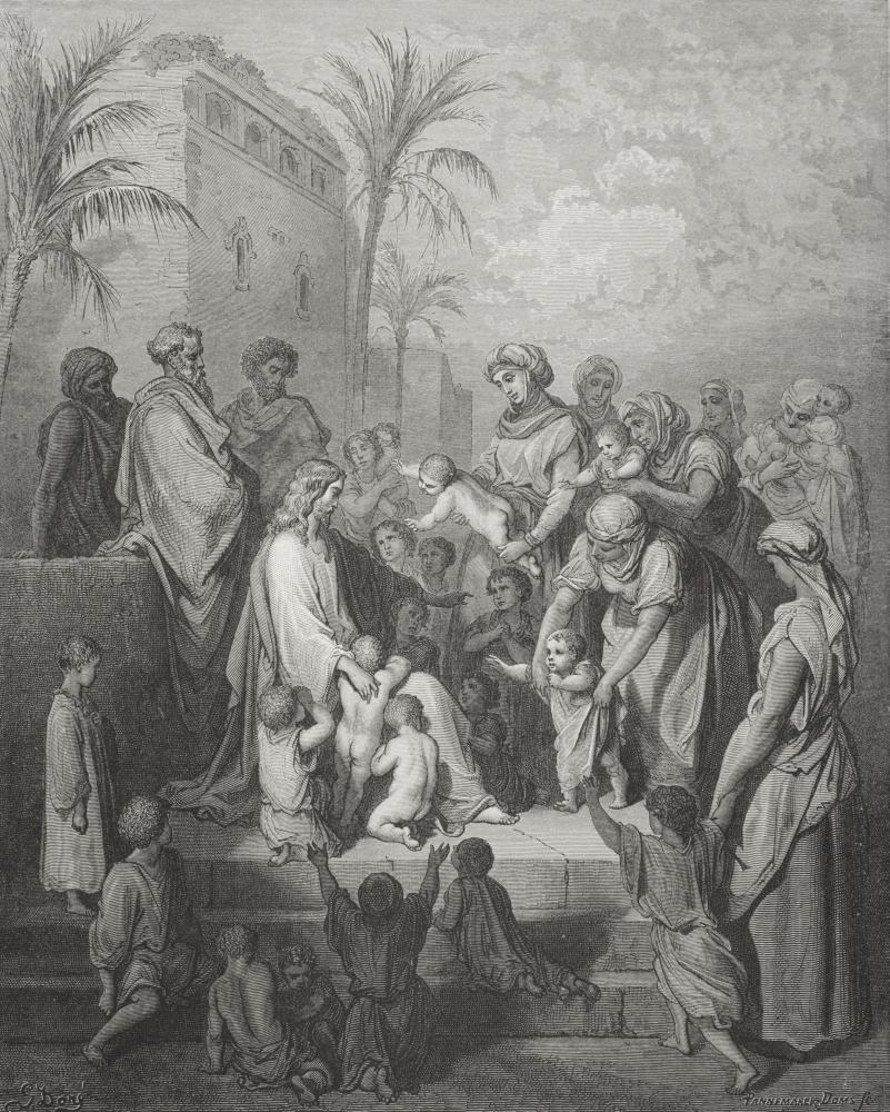 Engraving From The Dore Bible Illustrating Mark X 13 To 16 Jesus Blessing The Children by Gustave Dore 1832-1883 French Poster Print, 13 x 17