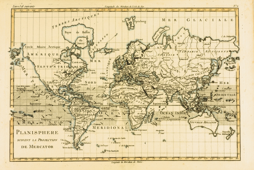 World Map Circa. 1760 From Atlas De Toutes Les Parties Connues Du Globe Terrestre by Cartographer Rigobert Bonne Poster Print, Large - 36 x 24