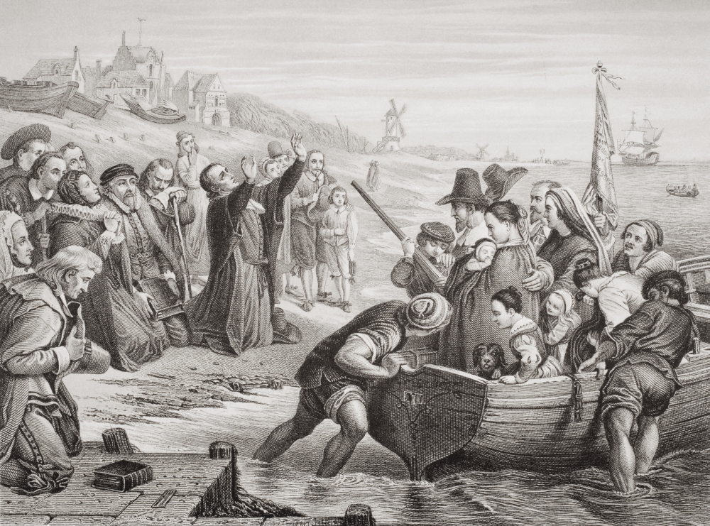 Picture of   Departure of The Pilgrim Fathers From Delft Haven&#44; July 1620 Engraved by T. Bauer After C.W. Cope From The Book -Illustrations of English & Scottish History Volume 1 Poster Print&#44; 16 x 12