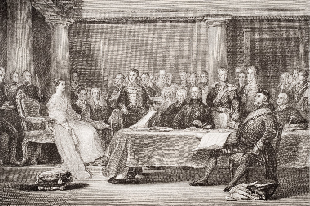 Picture of   Victorias First Council. Kensington Palace 21 June 1837 Engraved by F Fraenkel After Sir David Wilkie From The Book -Illustrations of English & Scottish History Volume II Poster Print&#44; 18 x 12