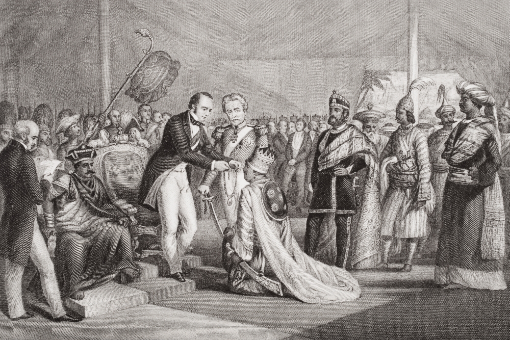 Grand Durbar At Cawnpore After The Suppression of The Sepoy Revolt Lord Canning Investing The Loyal Rajahs with Decorat Poster Print, 18 x 12