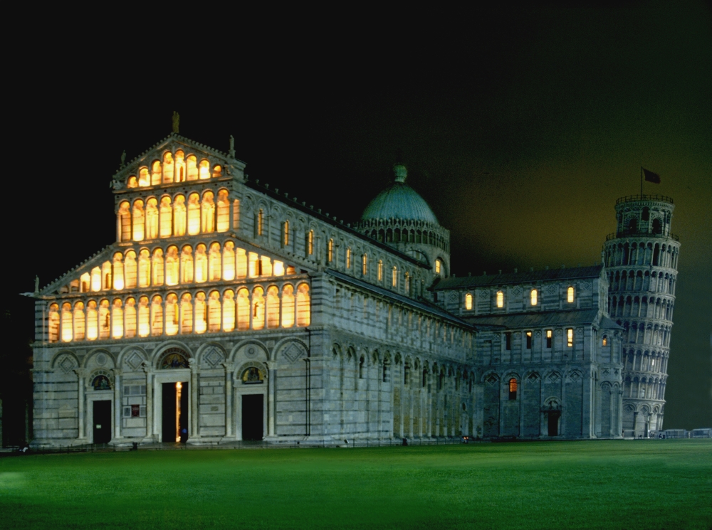 Leaning Tower Lit Up at Night Poster Print - 32 x 24 in. - Large