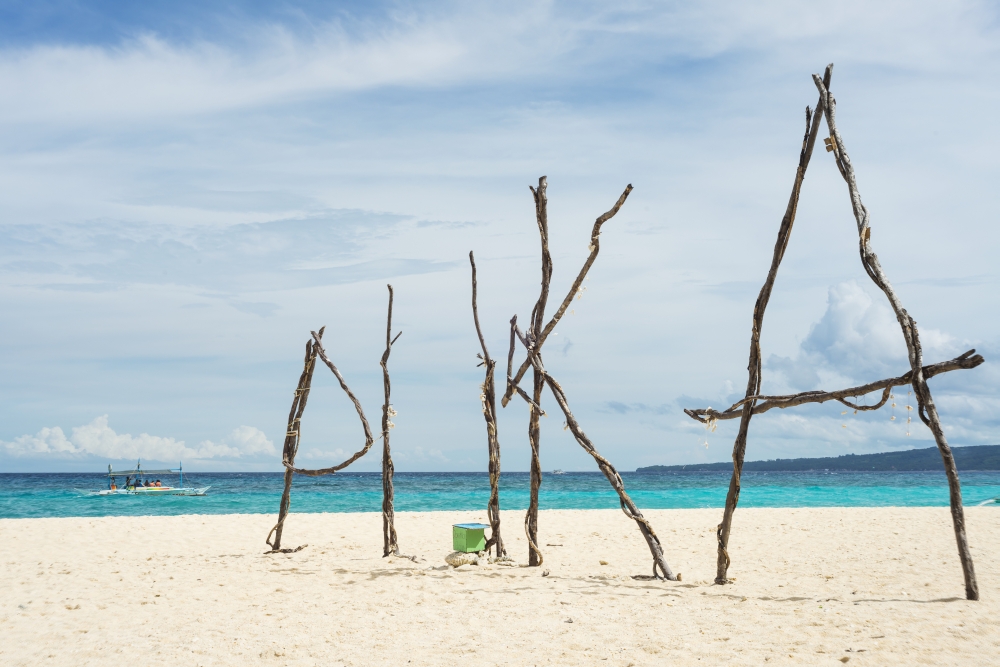 Puka Beach in Boracay White Sand & Blue Water with The Work Puka Made of Poster Print - 18 x 12 in.