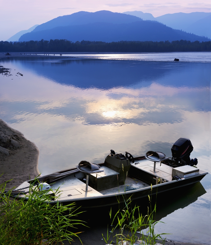 Boat Moored on The Peg Leg Bar at Sunset - Chilliwack British Columbia Canada Poster Print - 28 x 32 in. - Large