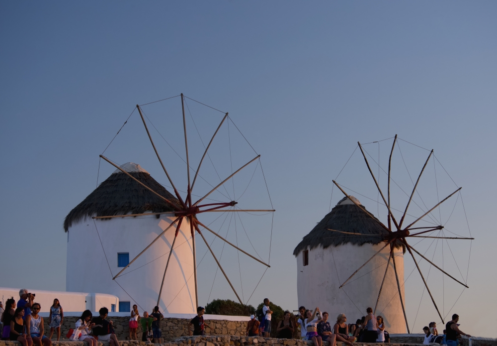 DPI12257060LARGE People Watching The Sunset Beneath Old Windmills - Mykonos Town Mykonos Cyclades Greek Islands Greece Print - 36 x 24 in. - Large