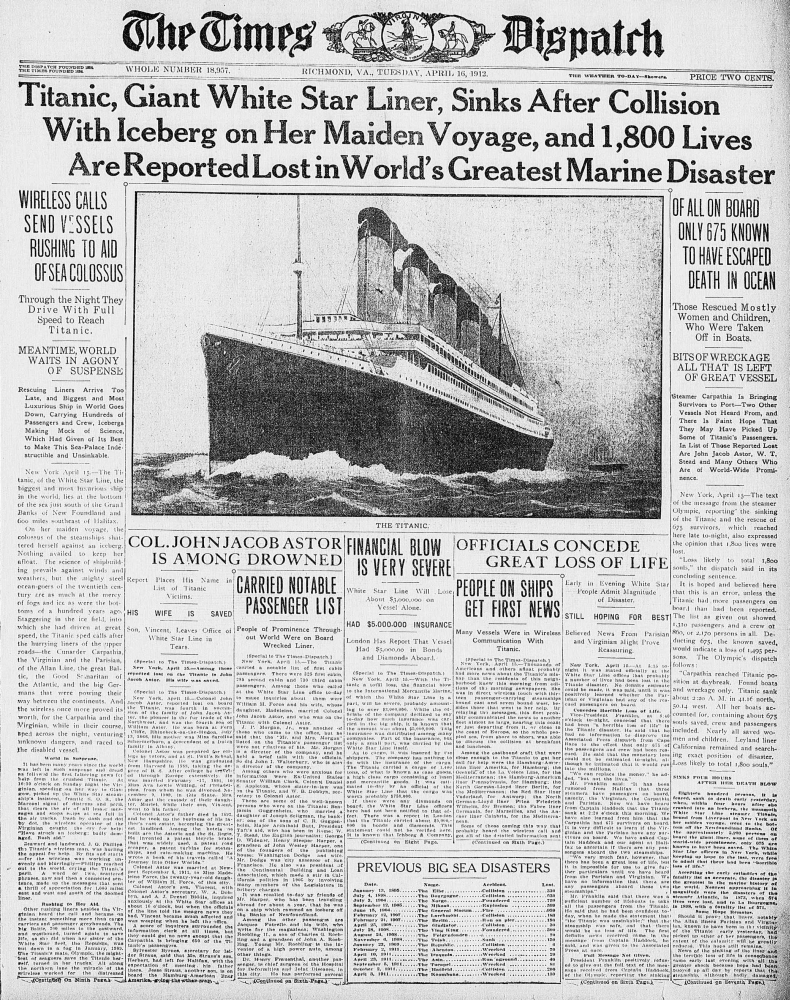 PPHPD50007 Newspaper The Times Despatch 16 April 1912 Titanic Sinks After Collision Poster Print, 18 x 24