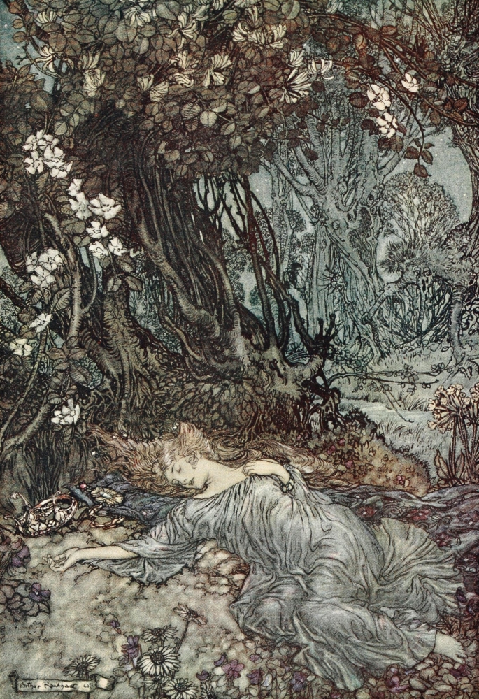 PPHPDA67910LARGE A Midsummer Nights Dream 1908 Titania Lying Asleep Poster Print by Arthur Rackham, 24 x 36 - Large
