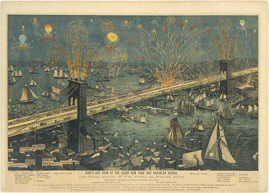 MET341751 Birds-Eye View of The Great New York & Brooklyn Bridge & Grand Display of Fireworks On Opening Night May 24 1883 Poster Print, 18 x 24