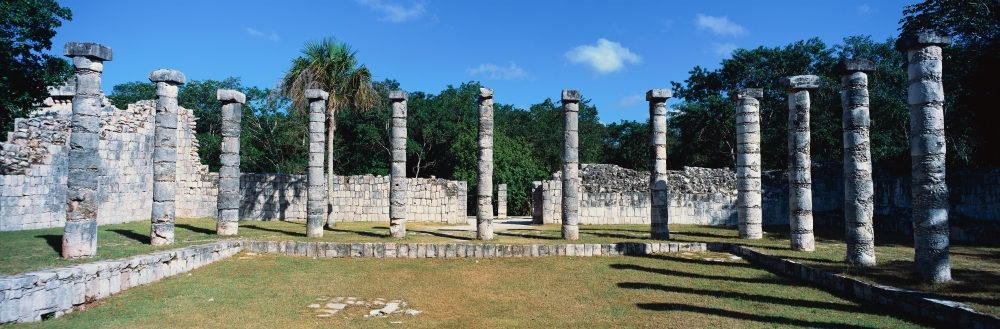 A Panoramic View of Columns Surround Grassy Courtyard for Ballgames At Chichen Itza Mayan Ruins in The Yucatan Peninsula Mexico Poster Print, 36 x 12