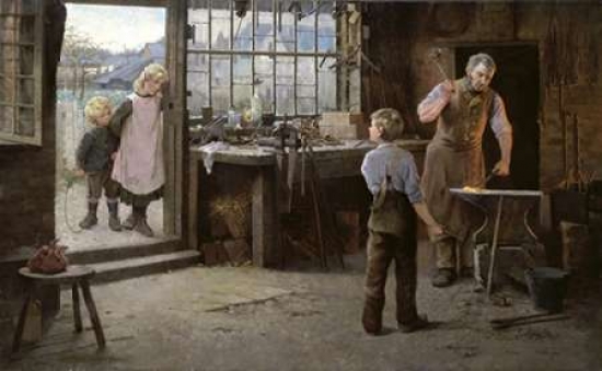 His First Day At Work - Child Apprentice with Blacksmith Poster Print by Hamlet Bannerman - 12 x 18 - Small
