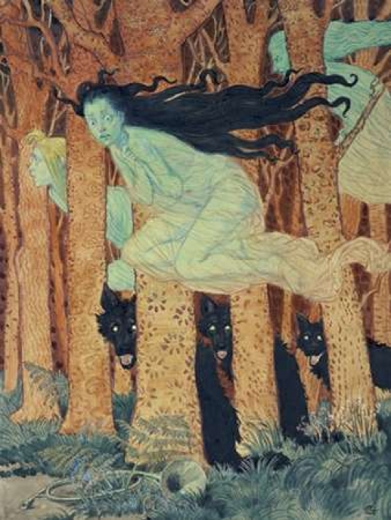 Three Women & Three Wolves Poster Print by Eugene Grasset, 9 x 12 - Small