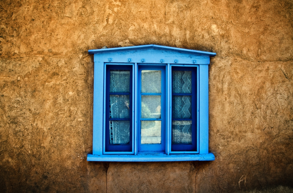 Northern New Mexican Windows New Mexico Blue Deep-Seated Window On Adobe Wall Poster Print - 17 x 11