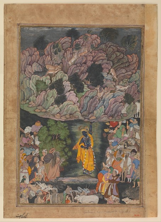 MET448183 Krishna Holds Up Mount Govardhan To Shelter The Villagers of Braj Folio From A Harivamsa, The Legend of Hari, Krishna Poster Print, 18 x 24