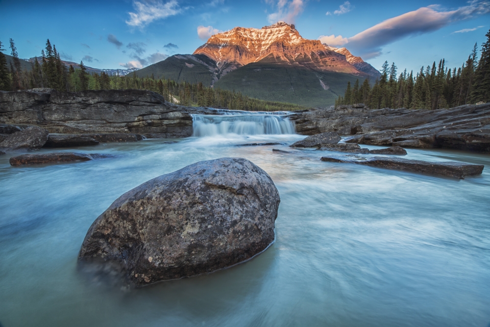 Sunset Lights Up Mount Fryatt As The Athabasca River Flows Over Athabasca Falls in Jasper National Park - Alberta Canada Poster Print - 19 x 12 in.