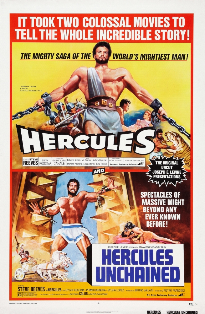Everett Collection  Hercules US 1973 Double Bill Poster Art Steve Reeves 1958 - Hercules Unchained Steve Reeves 1959 Movie Poster Masterprint, 11 x 17