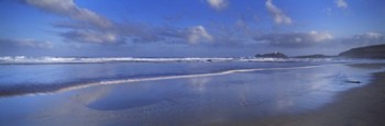 Beach At Sunrise Gwithian Beach Godrevy Lighthouse Cornwall England Poster Print - 18 x 6