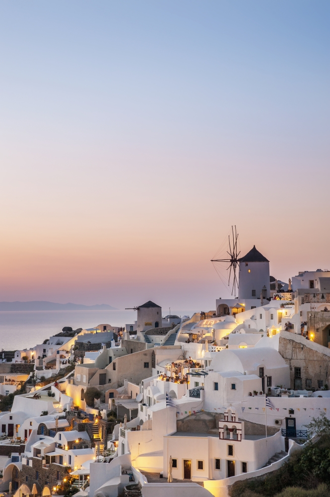 DPI12254305LARGE Whitewash Buildings & Windmill at Dusk - Oia Santorini Greece Poster Print - 24 x 38 in. - Large