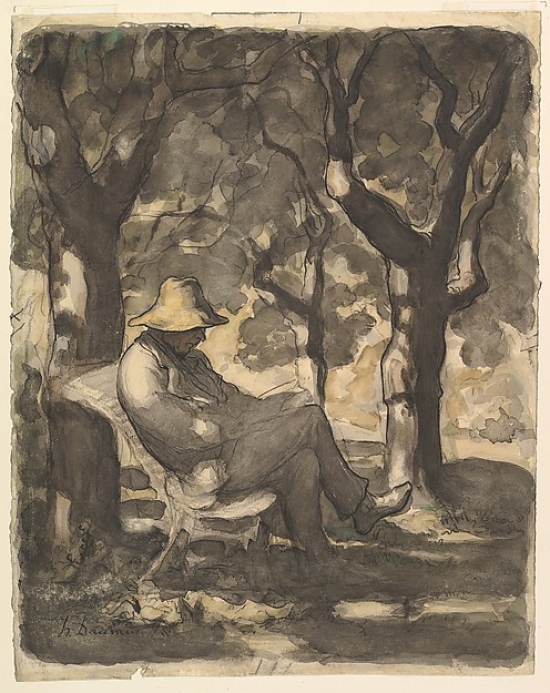 Picture of   A Man Reading in A Garden&#44; Recto - Preliminary Sketch for A Man Reading in A Garden&#44; Verso Poster Print by Honor Daumier&#44; French Marseilles 1808 1879 Valmondois&#44; 18 x 24