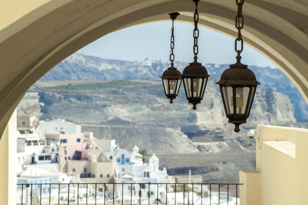 DPI12254404LARGE Lights Hang From An Arched Ceiling with A View of A Church Poster Print - 38 x 24 in. - Large