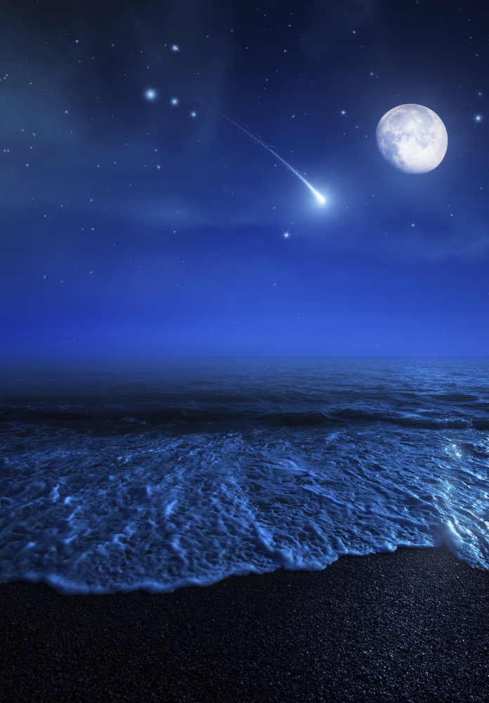 Tranquil Ocean At Night Against Starry Sky Moon & Falling Meteorite Poster Print, 11 x 17
