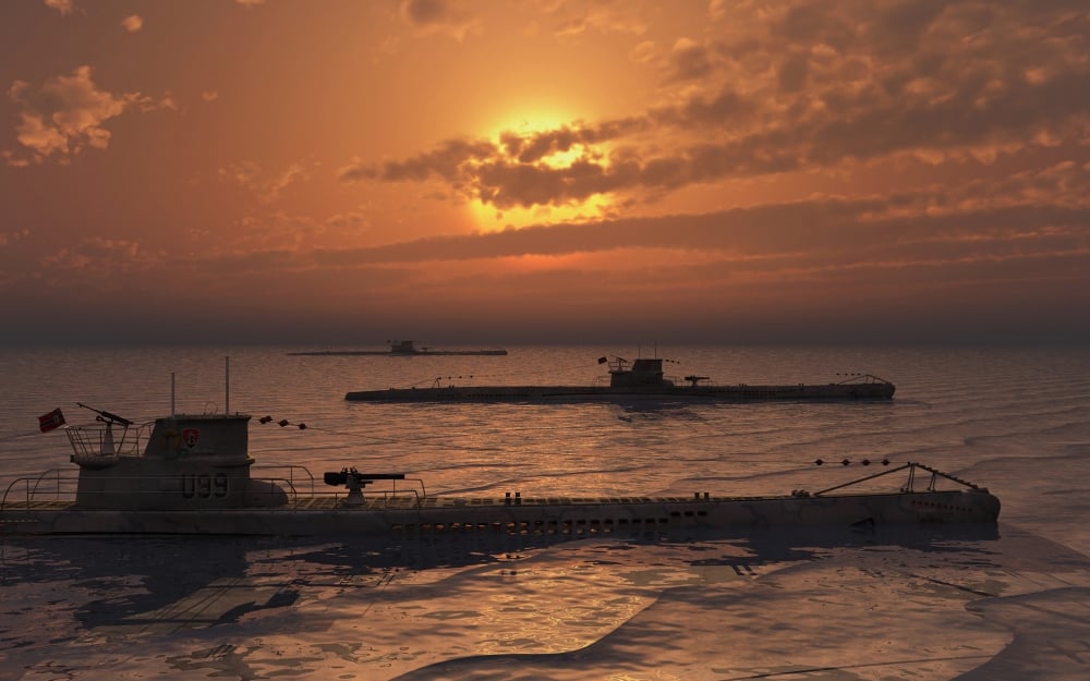 A Wolfpack of German U-Boat Submarines Travelling Across A Calm Atlantic Ocean At Sunset Poster Print, 18 x 11