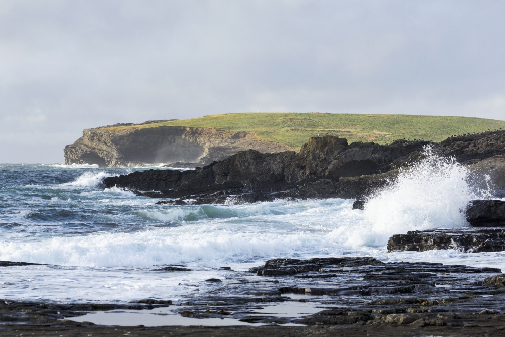 Waves Crashing Into Rocky Coast with Large Grassy Hill & Cliffs in Background - Kilkee County Clare Ireland Poster Print - 38 x 24 in. - Large