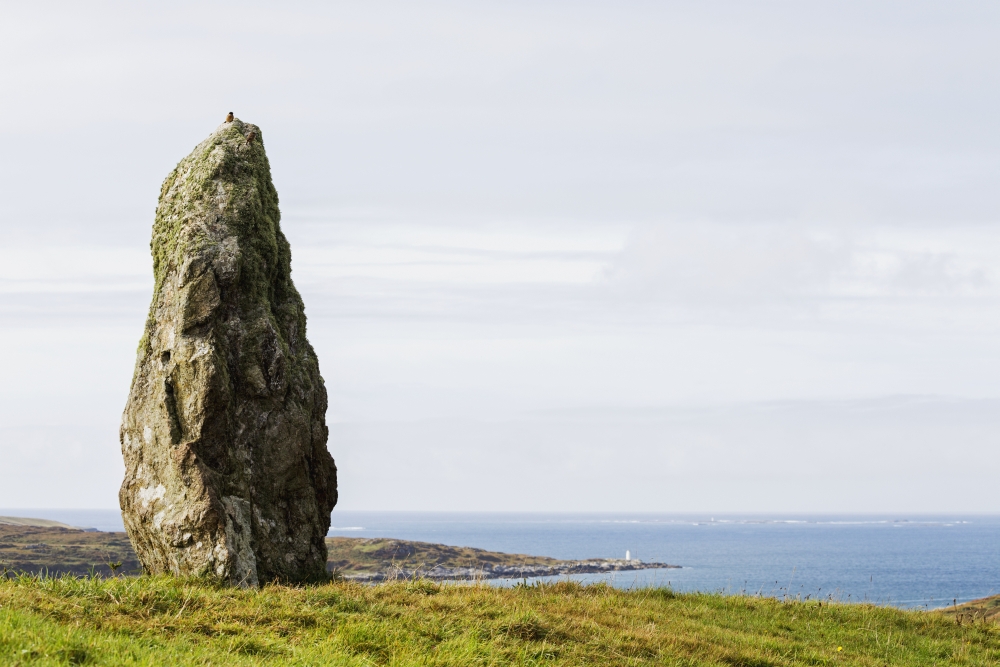 Large Megalithic Rock in Grassy Field Overlooking Bay with Hazy Blue Sky - Clifden County Galway Ireland Poster Print - 38 x 24 in. - Large