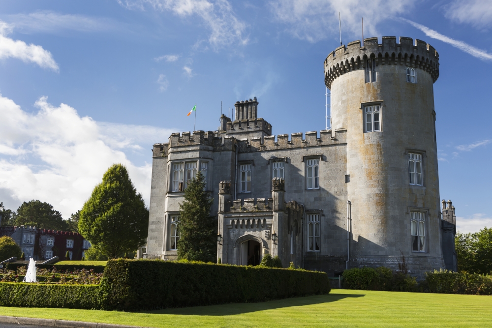Stone Castle with Turret Manicured Grass Gardens Fountain Blue Sky & Clouds - County Clare Ireland Print - 19 x 12 in.