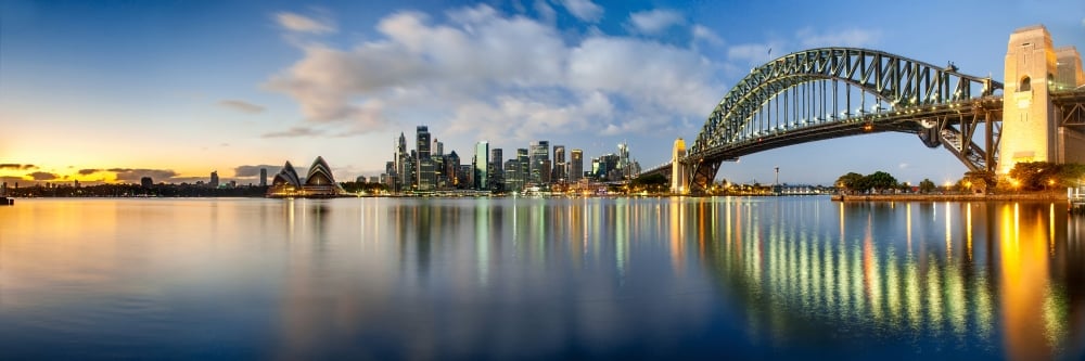 PPI169389LARGE Sydney Harbour Bridge & Skylines At Dusk Sydney New South Wales Australia Poster Print, 12 x 36 - Large -  Panoramic Images