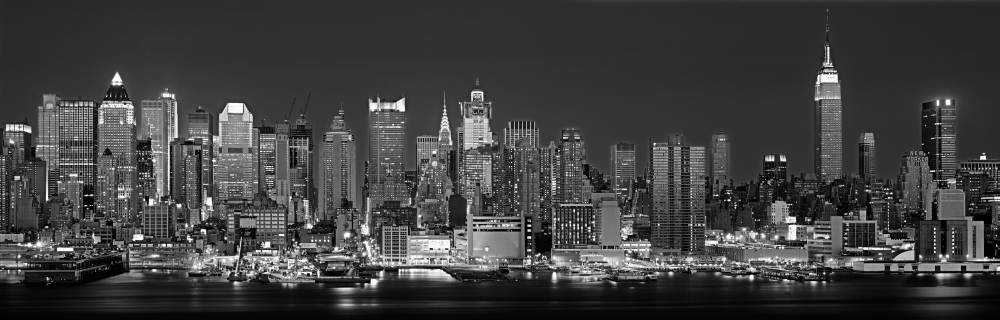 USA New York City Panoramic View of The West Side Skyline At Night, Black & White Poster Print, 36 x 12