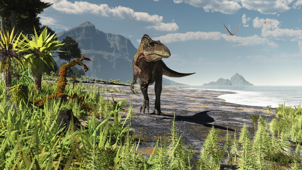 An Acrocanthosaurus Roams An Early Cretaceous North America On The Shores of The Mid-Continent Sea Around Arkansas Poster Print - 18 x 10