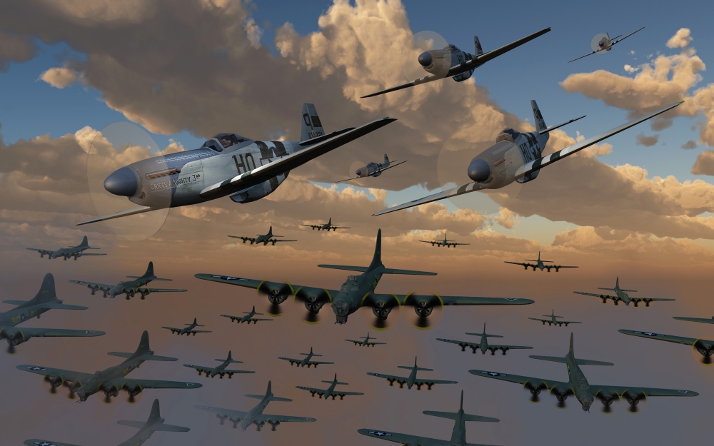 B-17 Flying Fortress Bombers & P-51 Mustangs in Flight Poster Print, 17 x 11
