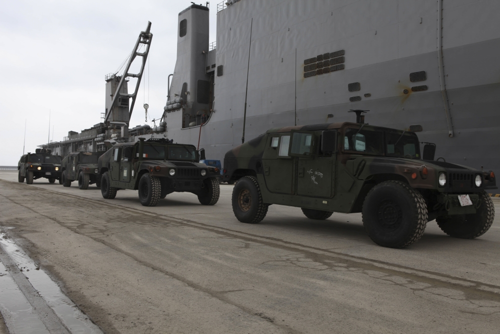 March 19 2011 U.S. Marines Depart Uss Harpers Ferry in Humvees Off The Coast of Japan in Support of Operation Tomodachi Poster Print, 34 x 22 - Large